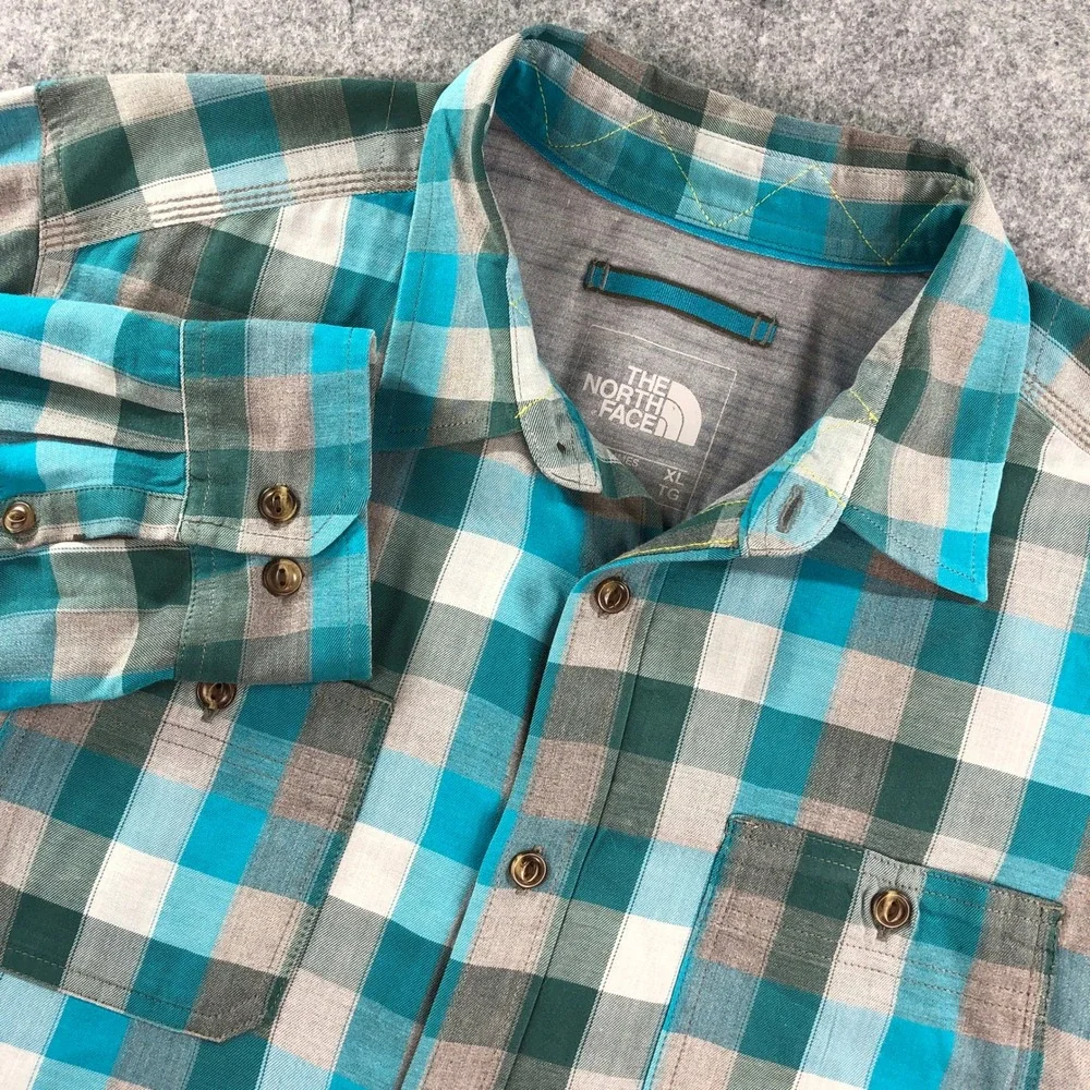 The North Face Mens XL Blue Plaid Cotton Long Sleeve Shirt Outdoor Hiking